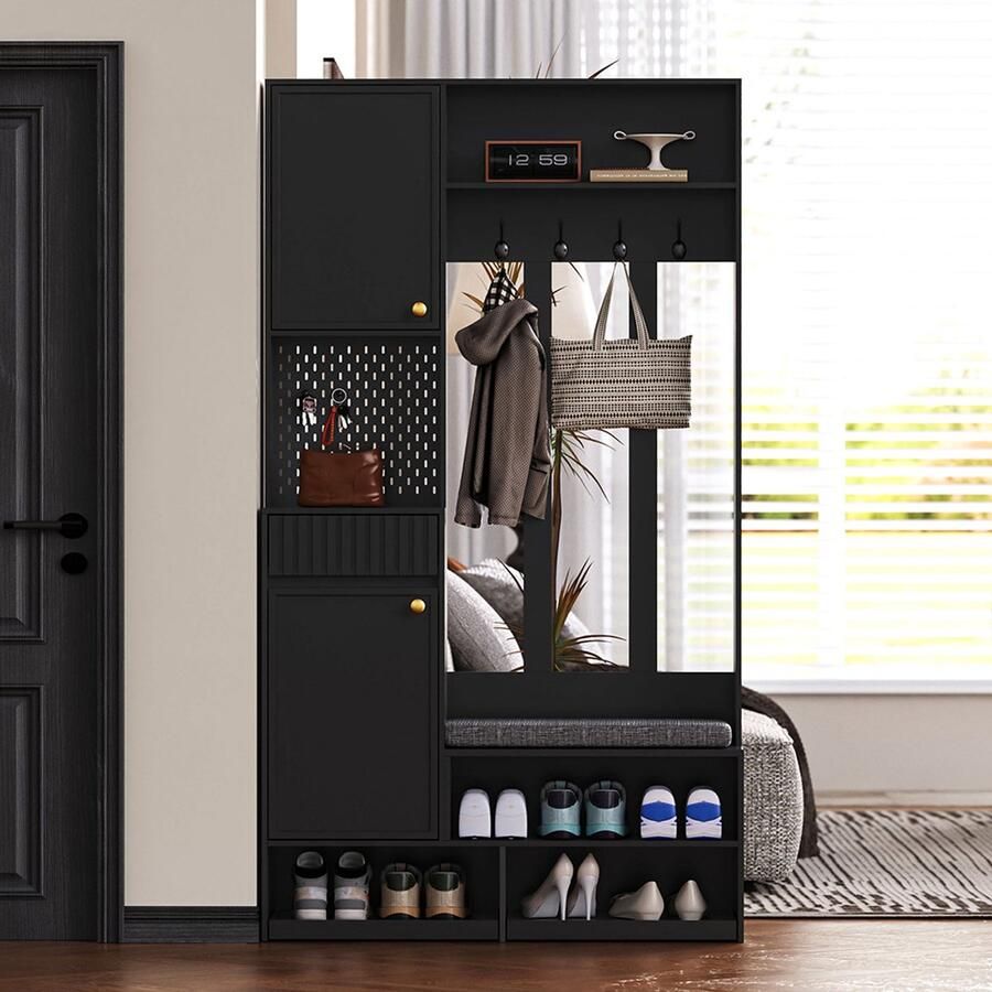 Pugsdrly Opbergset complete set halmeubel met bank 4 hakhaken deuren en lades zwart compacte afmetingen 100 × 180 × 35 cm (B × H × D)