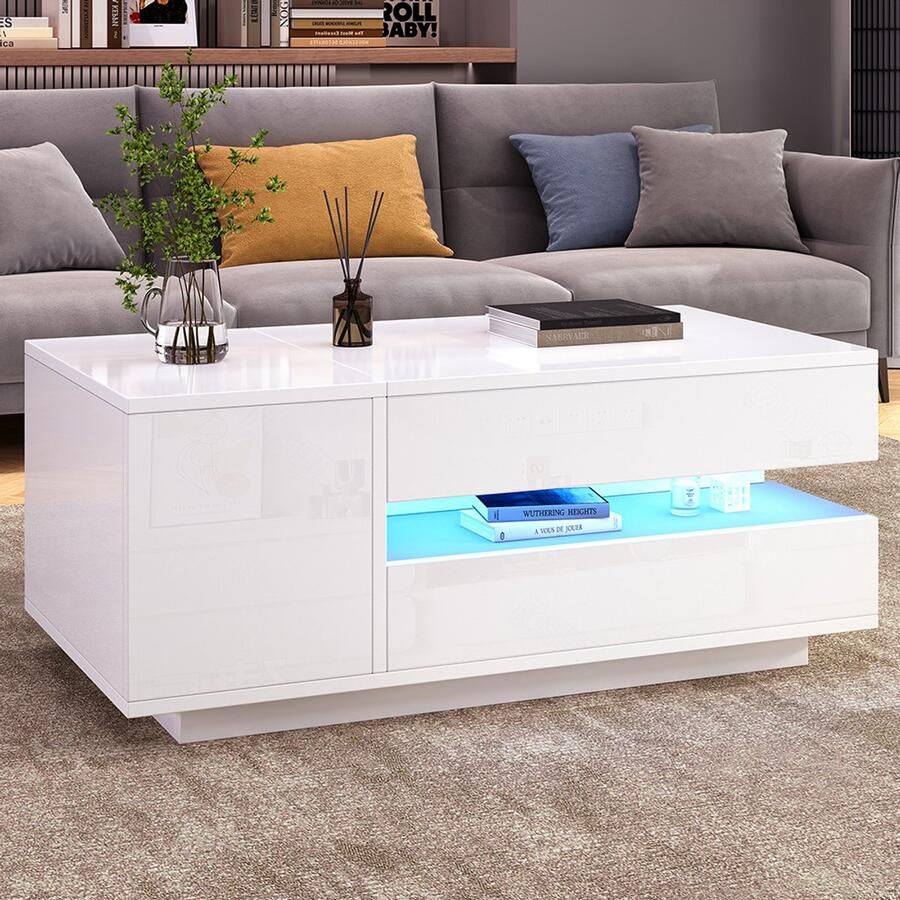 Pugsdrly Opklapbare salontafel 95*50*34 5 cm salontafel bijzettafel salontafel met 1 lade 1 kast salontafel met LED-verlichting glanzende salontafel met verborgen opbergruimte met halfopen opbergruimte wit