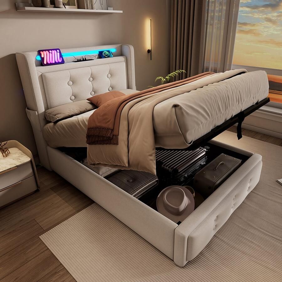 Pugsdrly Opmaker bed 90x200 eenpersoonsbed met led-hoofdeinde en USB C-oplaadfunctie hydraulisch bed met lattenbodem van hout en metalen frame draagvermogen 150 kg beige katoen (zonder matras)