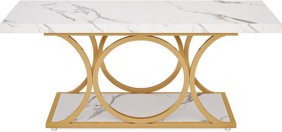 Pugsdrly Rechthoekige salontafel 120 cm moderne salontafel met 2 niveaus van kunstmarmer met geometrische poten meubel met opbergvak (wit en goud)