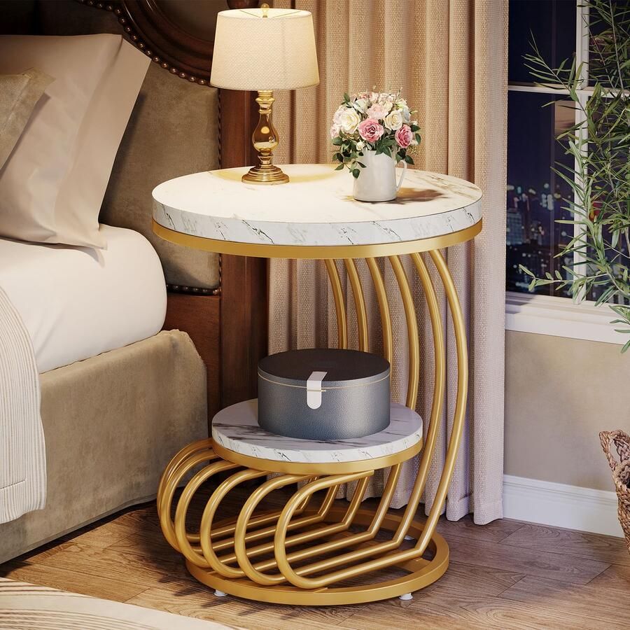 Pugsdrly Ronde bijzettafel in goud: bijzettafel met 2 niveaus set van 2 met opbergvak moderne nachtkastje in witgoud bijzettafel in imitatie metaalmarmer voor de woonkamer (1 stuk)