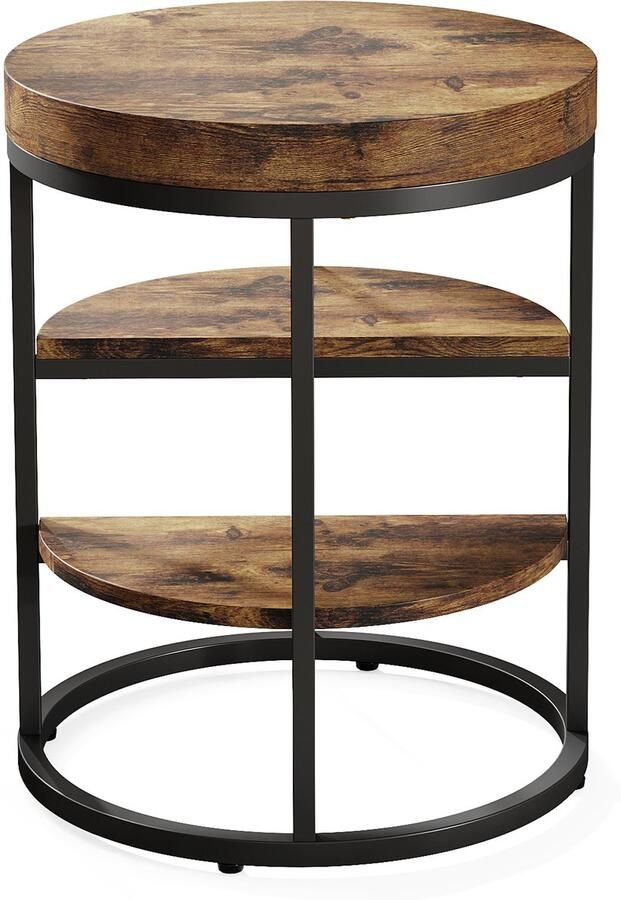 Pugsdrly Ronde bijzettafel kleine houten bijzettafel met 3 opbergvlakken industriële salontafel bijzettafel voor woonkamer of slaapkamer bruin