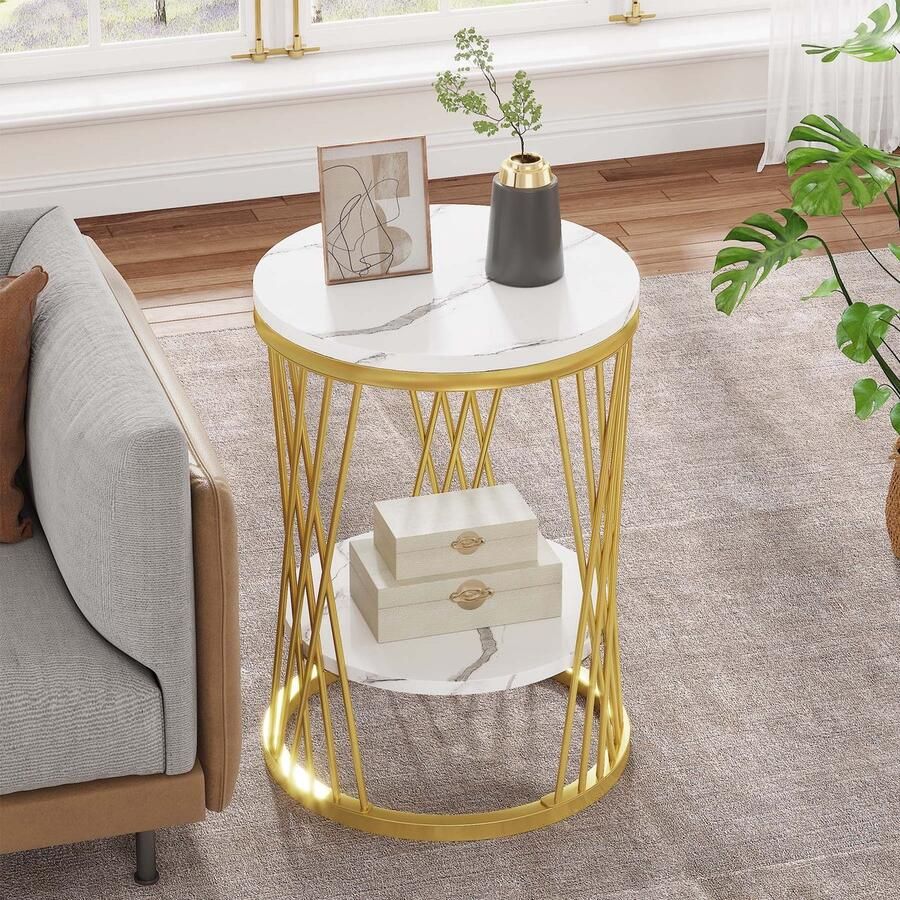 Pugsdrly Ronde bijzettafel moderne bijzettafel in wit en goud met planken nachtkastje met 2 niveaus elegante salontafel voor bank woonkamer slaapkamer woonkamer (1 wit en goud)