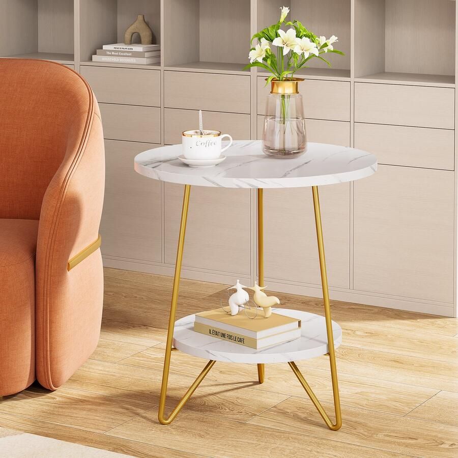 Pugsdrly Ronde bijzettafel salontafel met 2 niveaus kleine tafel van kunstmarmer moderne stijl kleine bijzettafel voor woonkamer of slaapkamer wit en goudkleurig (1 stuk)