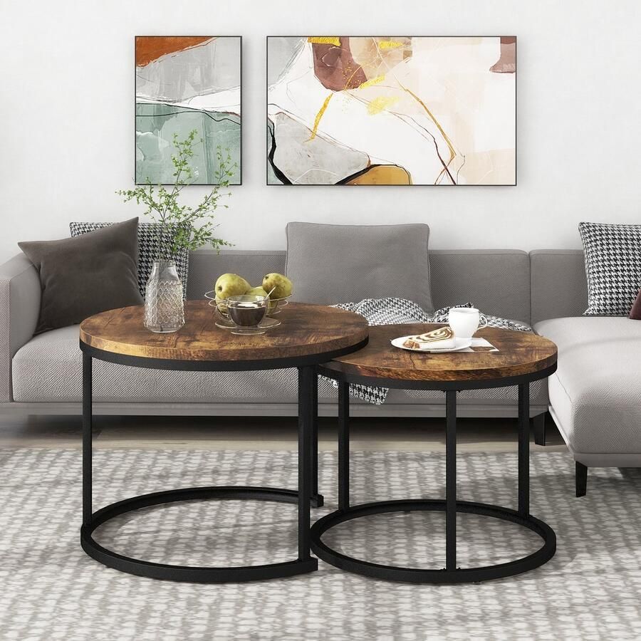 Pugsdrly Ronde salontafel 2-delige set salontafel woonkamer Ronde gestapelde bijzettafel 2 ronde bijzettafels (bruin)