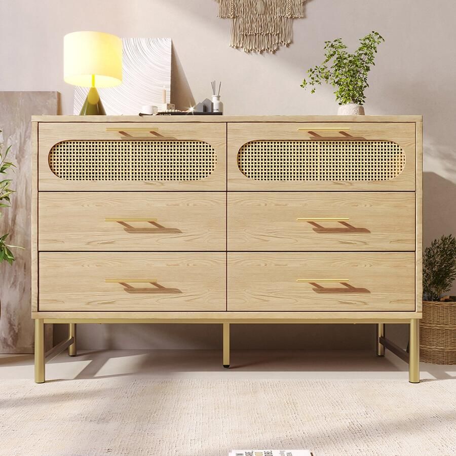 Pugsdrly Rotan ladekast met 6 lades ladekast kaptafel voor woonkamer en slaapkamer metalen handgrepen kantelbeveiliging 120 x 40 x 74 cm Sonoma eiken