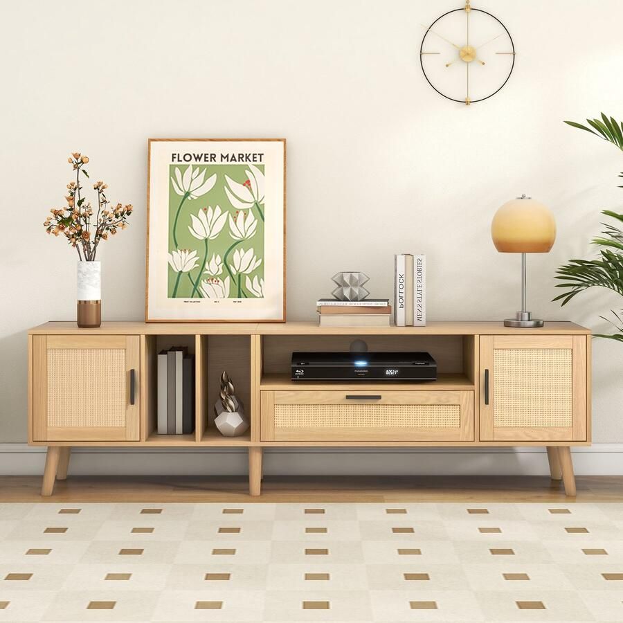 Pugsdrly Ruime 180 cm tv-kast met rotan decoratie 2 deuren en een lade poten van massief hout biedt plaats aan een 80 inch tv-opbergkast tv-kast