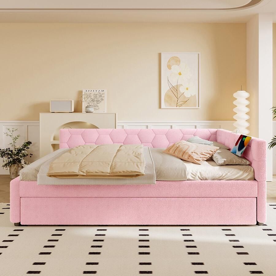 Pugsdrly Rustbed 140*200 cm Rustbed slaapbank bed met lattenbodem (zonder matras) met nachtlampje met multifunctioneel uitschuifbed USB-poort type C comfortabel materiaal imitatie fleece roze