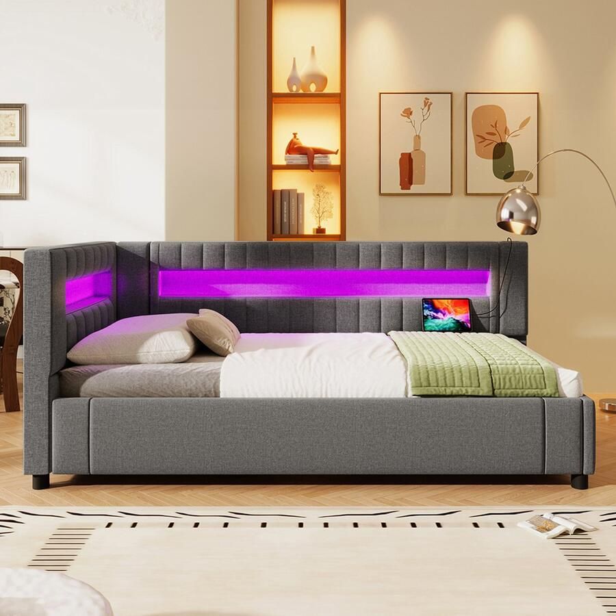 Pugsdrly Rustbed dagbed slaapbank 90*200 cm led-lichtstrip met afstandsbediening aan het voeteneinde hydraulische vering zonder matras USB + TYPE-C linnen grijs