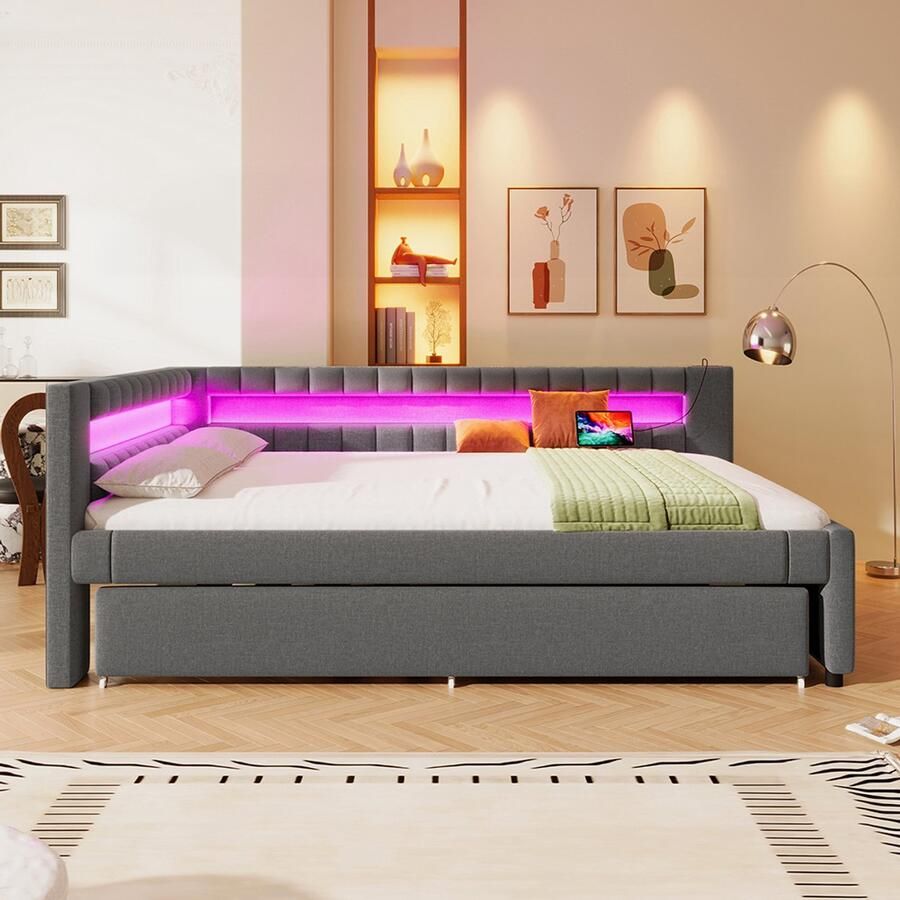 Pugsdrly Rustbed slaapbank 140*200 cm bed met LED-lichtbalk met afstandsbediening aan het voeteneinde bed met uitschuifbaar bed zonder matras USB + TYPE-C linnen grijs
