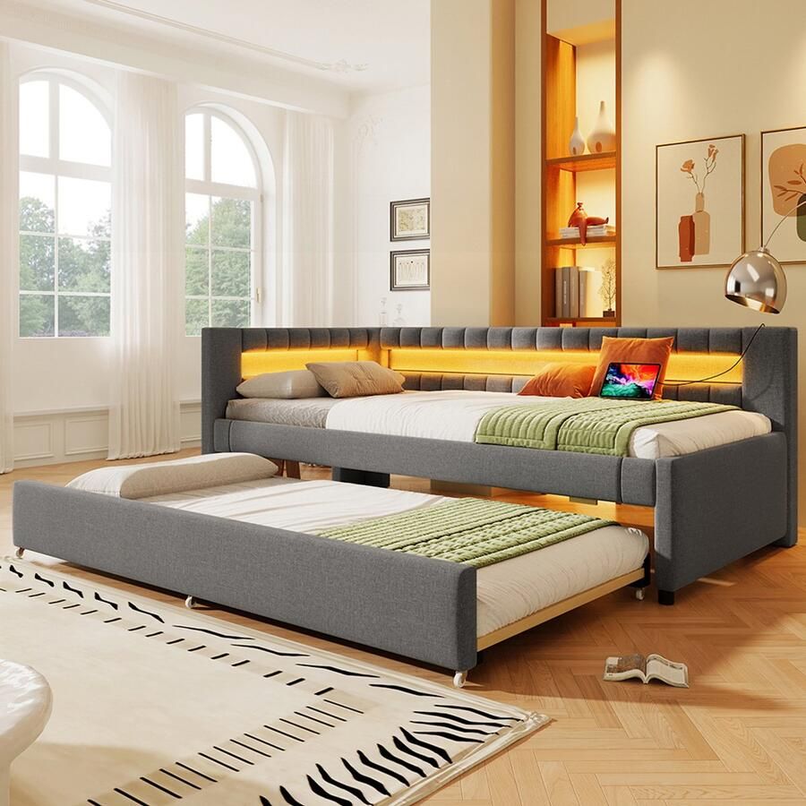 Pugsdrly Rustbed slaapbank 90*200 cm bed met LED-lichtbalk met afstandsbediening aan het voeteneinde bed met uitschuifbaar bed zonder matras USB + TYPE-C lakens grijs