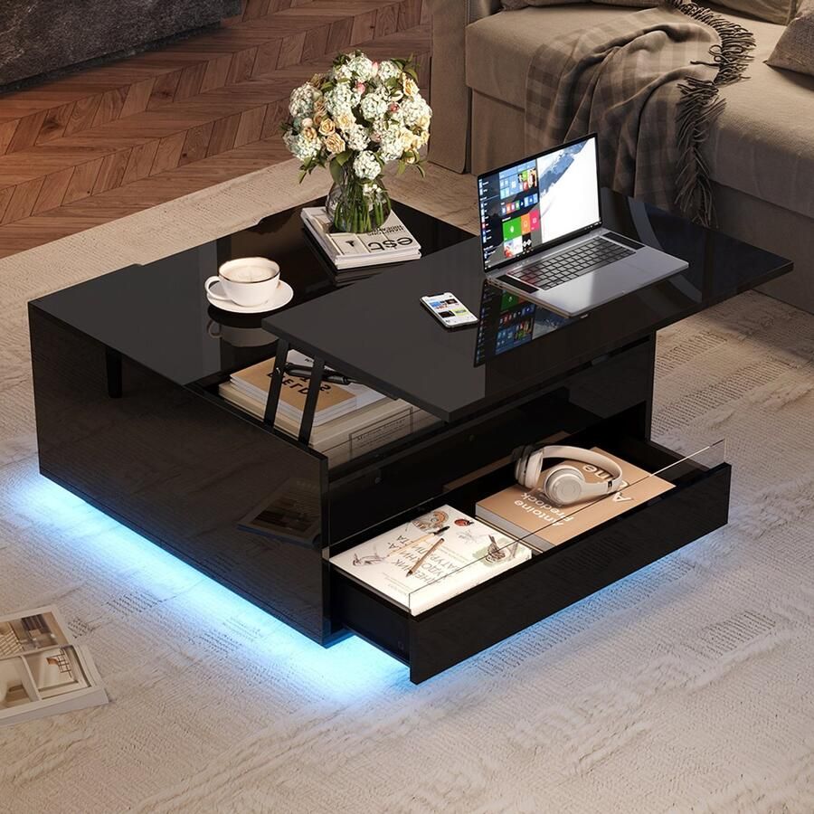 Pugsdrly Salon salontafel 70*70*38 cm salontafel met LED-verlichting salontafel met 1 lade glanzende bijzettafel met verborgen opbergruimte en opklapbare deuren zwart