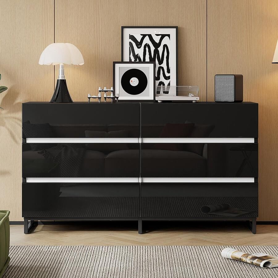 Pugsdrly Salonbuffet 140*39 5*78 5 cm salonkast met 6 lades glanzende commode kast met 3 metalen poten bijzetkast met uitstekend draagvermogen wit + zwart