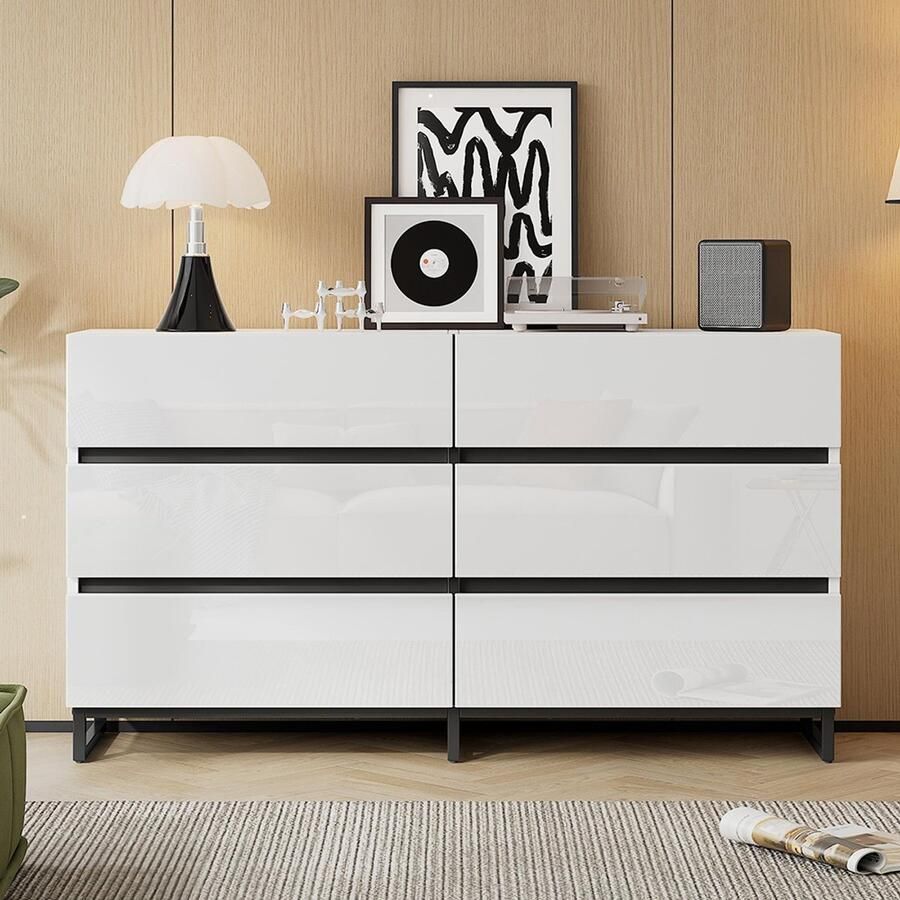 Pugsdrly Salonbuffet 140*39 5*78 5 cm salonkast met 6 lades glanzende ladekast kast met 3 metalen poten bijzetkast met uitstekend draagvermogen wit + zwart