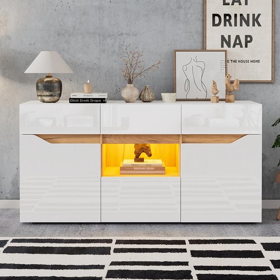 Pugsdrly Salonbuffet 140*40*70 cm buffetten met 4 laden kast met twee compartimenten brede ladekast zonder handgrepen multifunctioneel bijzetmeubel voor glanzende bank met ledverlichting wit + houtkleur