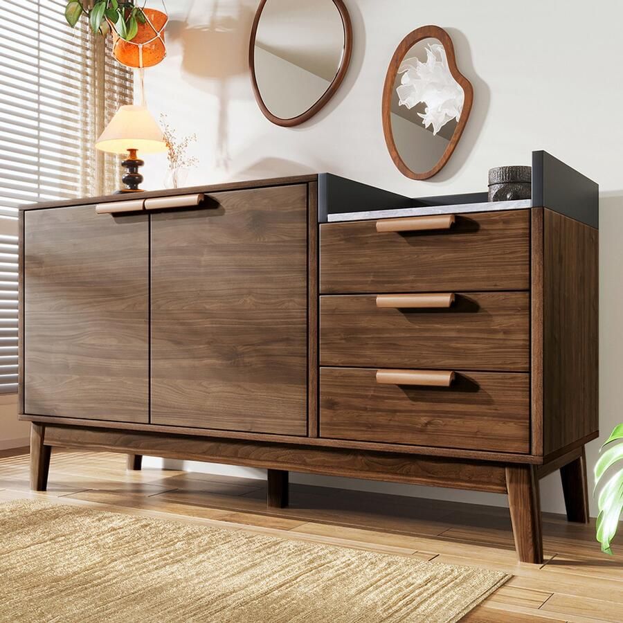 Pugsdrly Saloncommode in eikenhouten decor met marmerlook blad open plank + 3 laden en kast met dubbele deuren (in hoogte verstelbaar binnenin) massief houten poten en geschikt voor robotstofzuigers H77 L120 P40 cm