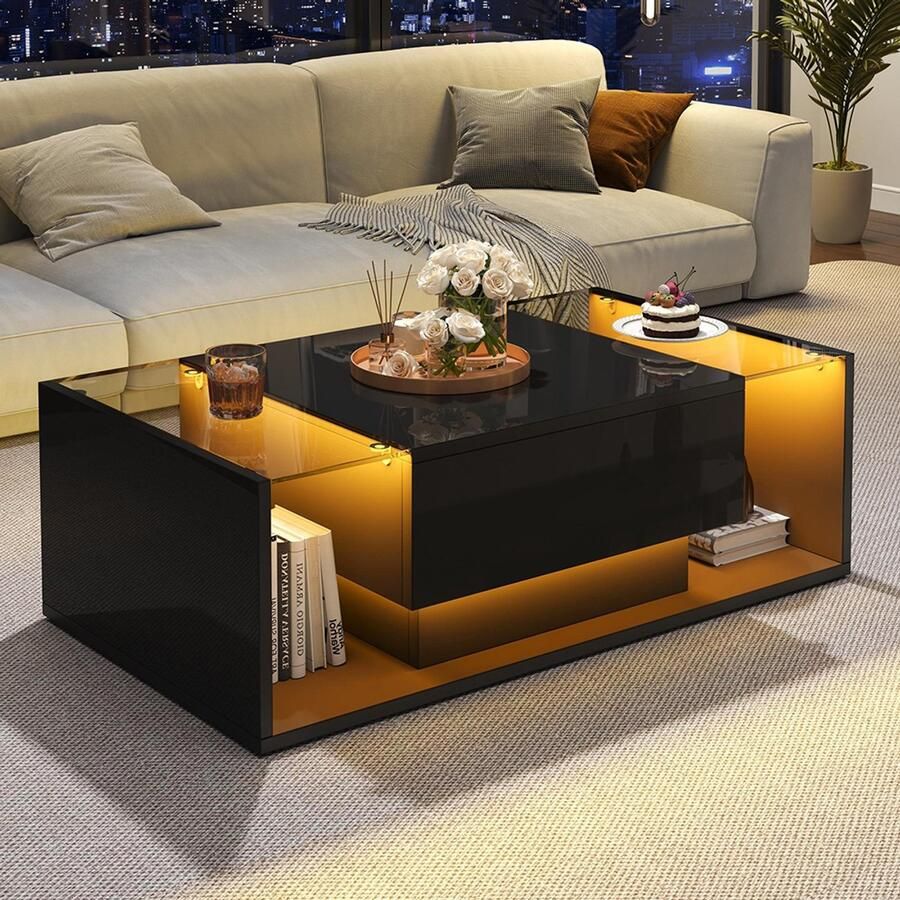 Pugsdrly Salontafel 100*50*31 cm salontafel met 1 lade en led-lichtstrip bijzettafel van gehard glas glanzende salontafel zwarte salontafel met minimalistisch design