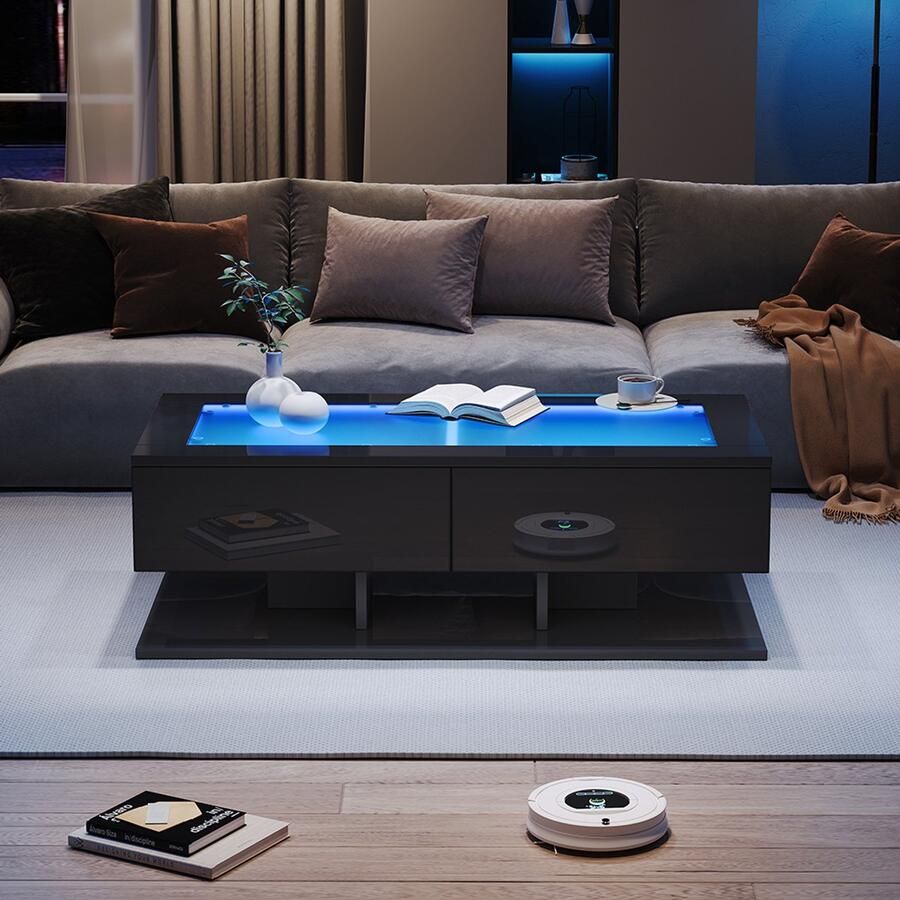 Pugsdrly Salontafel 100*50*35 cm glanzende salontafel met lades salontafel met LED-verlichting glazen blad zwart