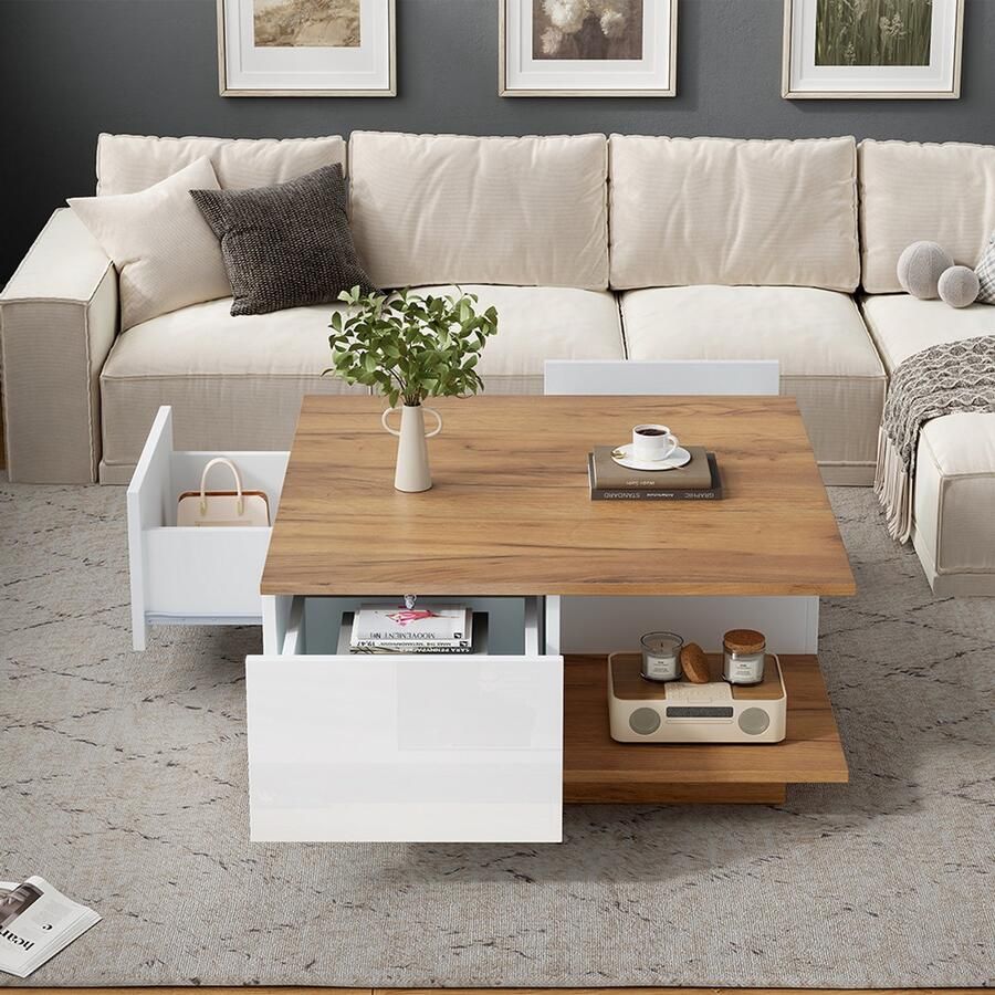 Pugsdrly Salontafel 70 x 70 x 31 5 cm met 3 lades geometrische salontafel glanzende salontafel bijzettafel geschikt voor kleine ruimtes wit + originele houtkleur