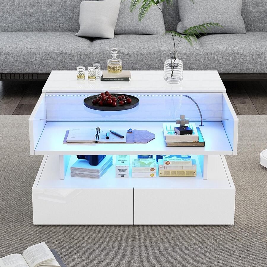 Pugsdrly Salontafel 80*80*45 cm In hoogte verstelbare salontafel met verborgen opbergruimte en 2 lades salontafel met LED-verlichting glanzende bijzettafel voor de woonkamer salontafel van gehard glas wit