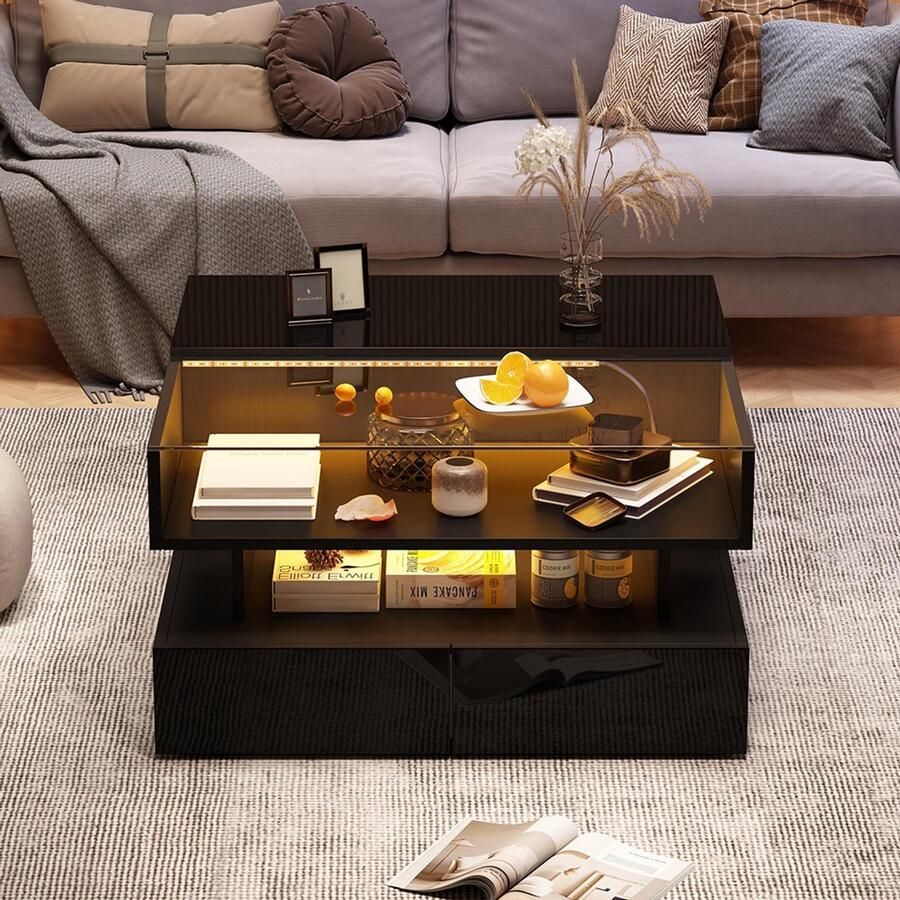Pugsdrly Salontafel 80*80*45 cm In hoogte verstelbare salontafel met verborgen opbergruimte en 2 lades salontafel met LED-verlichting glanzende bijzettafel voor de woonkamer salontafel van gehard glas zwart