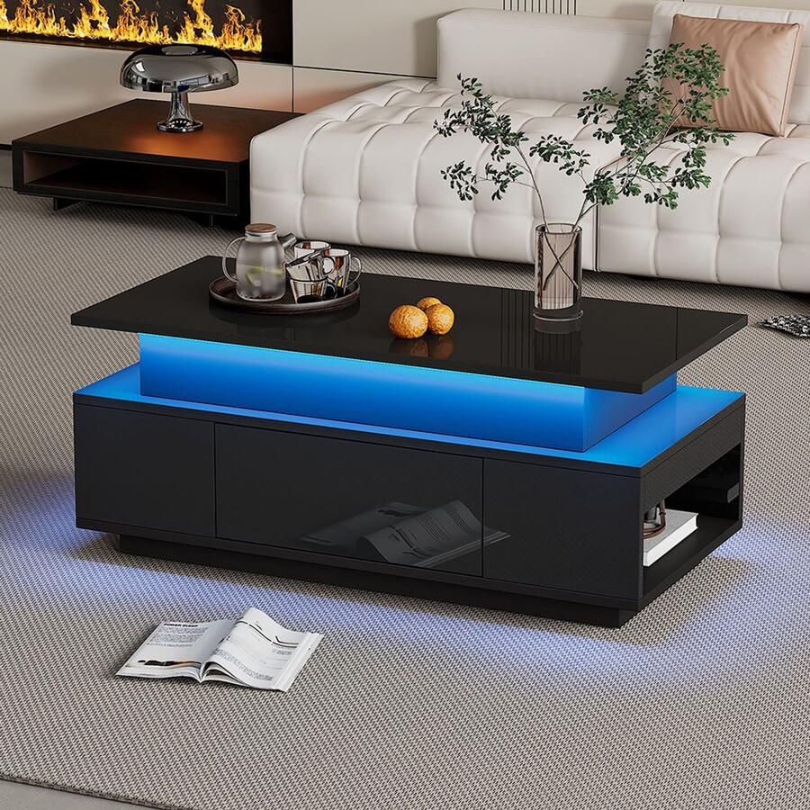 Pugsdrly Salontafel in hoogte verstelbare salontafel met verborgen opbergruimte en lade 96*45*40 cm Glanzende salontafel LED-salontafel geschikt voor kantoor studie feestjes zwart