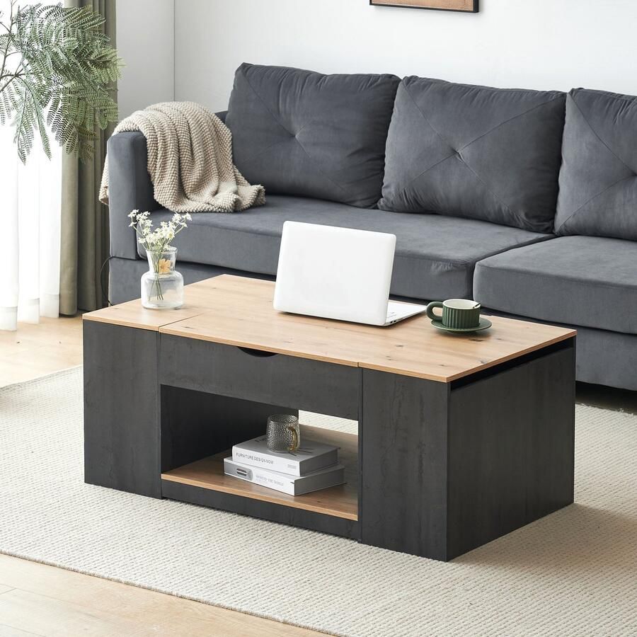 Pugsdrly Salontafel met liftfunctie – 109 cm grijs frame stijlvol design opbergruimte onder het tafelblad