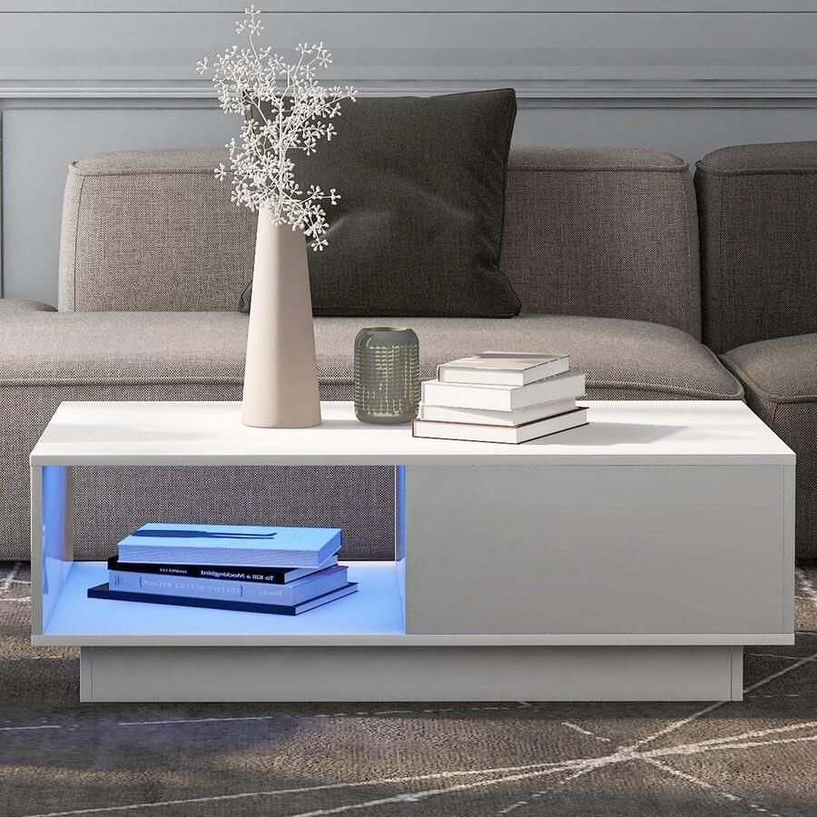 Pugsdrly salontafel moderne hoogglans salontafel rechthoekige witte salontafel met LED-verlichting 15 kleuren voor salontafel woondecoratie (95 x 55 x 32 cm)