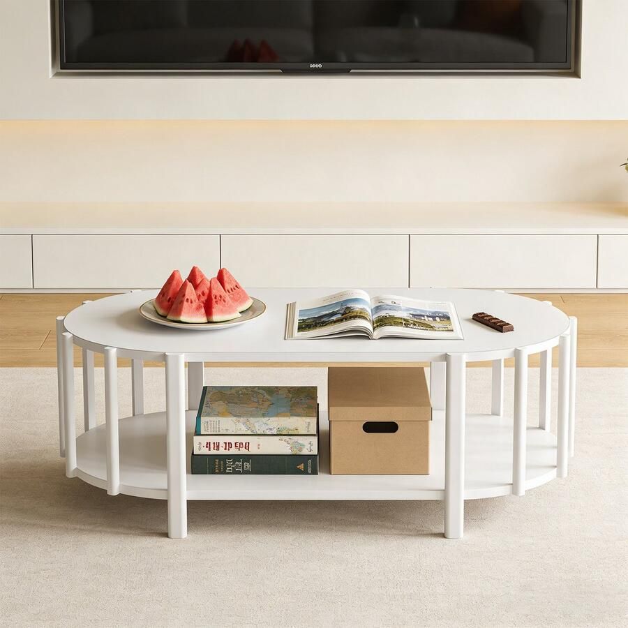 Pugsdrly Salontafel Ovale vorm Multifunctioneel Modern ontwerp Medium Density Fiberboard met opbergruimte Houten salontafel Wit - Foto 2