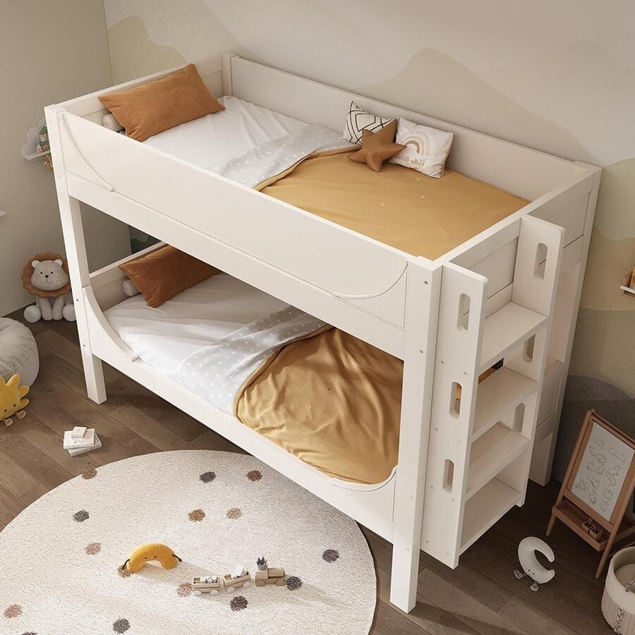 Pugsdrly Scheidbaar stapelbed 90x200 cm met flexibele ladder die aan het hoofd- of voeteneinde van het bed kan worden bevestigd slee-vormig ontwerp 1 bed kan worden omgevormd tot 2 eenpersoonsbedden wit EN747-1:2024 (zonder matras)