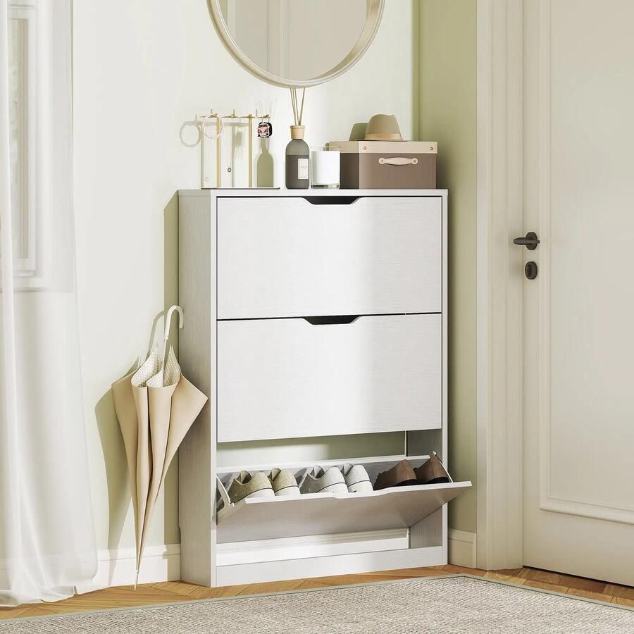 Pugsdrly Schoenenkast met 3 klaplades voor maximaal 12 paar schoenen spaanplaat 80 x 17 x 108 cm wit