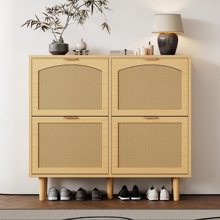 Pugsdrly Schoenenkast met 4 klaplades rotan schoenenkast met metalen handgrepen schoenenrek voor de gang slaapkamer appartement houten meubels landhuisstijl afmetingen: 100 x 25 x 90 cm