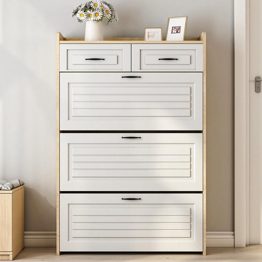 Pugsdrly Schuhkommode mit drehbarem Schuhschrank bestehend uit drie grote klappen met twee schubladen houten schoenenvoorraadkast schuhschrank geschikt voor entree en woonkamer 80 B x 23.5 T x 125 H cm - Foto 2