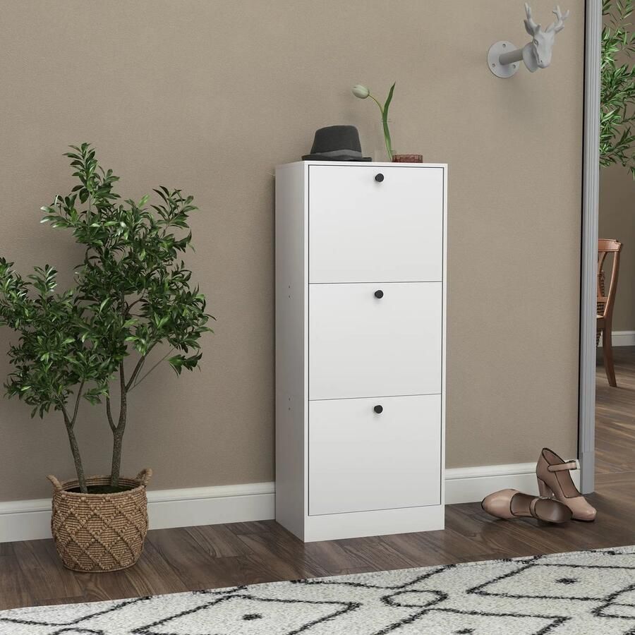 Pugsdrly Schoenenkast schoenenrek 3 klapvakken verstelbaar spaanplaat wit