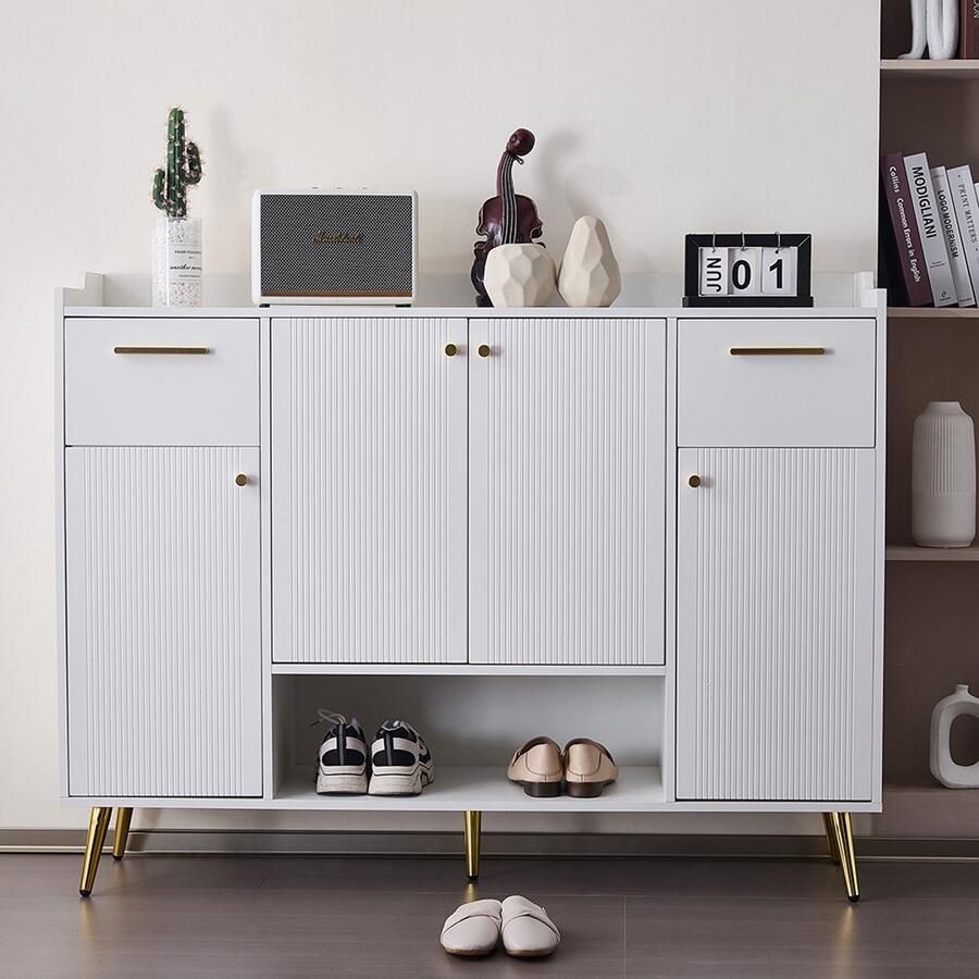 Pugsdrly Schoenenkast schoenenrek met 2 lades en 4 deuren metalen poten afmetingen: B130 D37 H100 wit