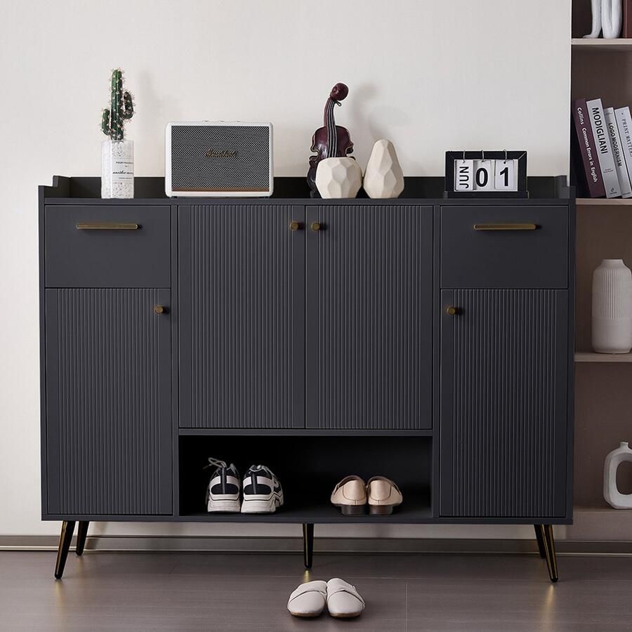 Pugsdrly Schoenenkast schoenenrek met 2 lades en 4 deuren metalen poten afmetingen: L130 B37 H100 zwart