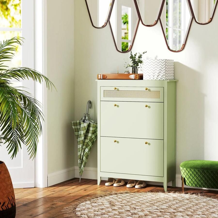 Pugsdrly Schoenenkast voor 12 paar schoenen met 1 uittrekbare lade 2 klaplades schoenenrek 88 x 30 x 120 cm groen