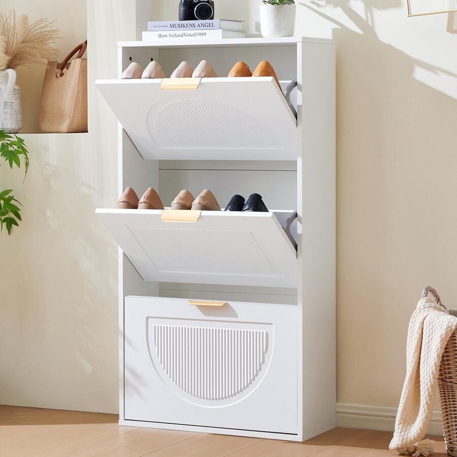 Pugsdrly Smalme schoenenkast met 3 kleppen schoenenkast witte schoenenkast voor de gang of woonkamer wit afmetingen: 60 x 24 x 114 cm