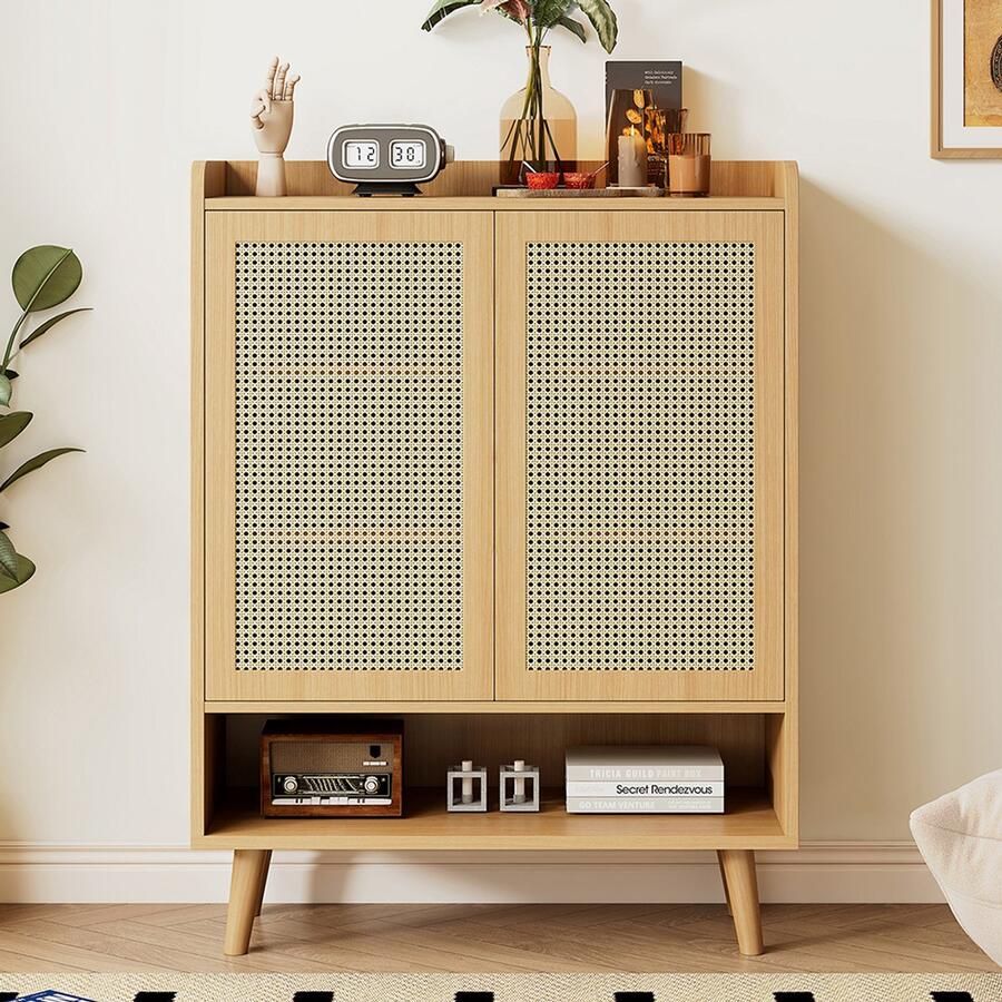 Pugsdrly schuhschrank uit natuurlijk rotan schuhkommode schuhregal met 2 deuren en 5 planken voor de hal met houten handgrepen en massief houten poten afmetingen 80 cm x 105 cm x 35 cm