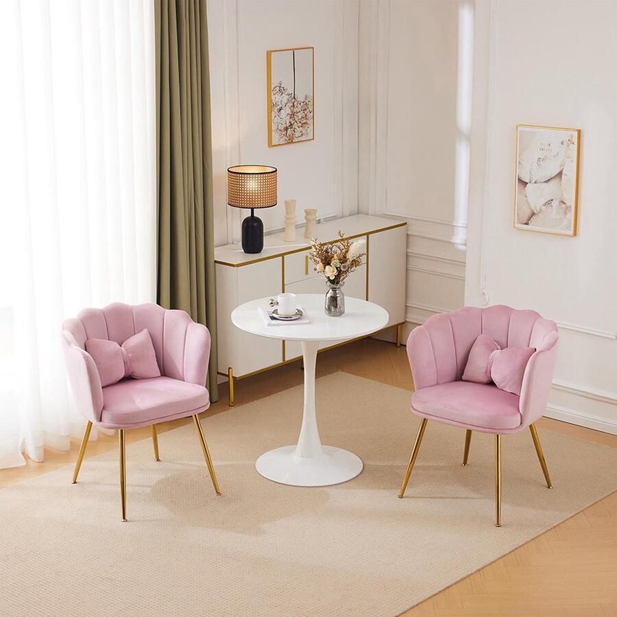 Pugsdrly Set van 2 moderne fluwelen fauteuils badkamerstoelen gestoffeerde stoelen met bloembladvormige rugleuning gouden metalen poten en vlinderkussens voor de slaapkamer-eetkamer