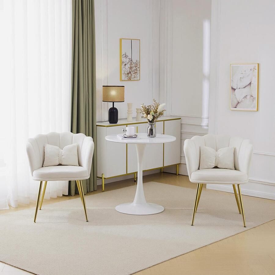 Pugsdrly Set van 2 moderne fluwelen fauteuils badkamerstoelen gestoffeerde stoelen met bloembladvormige rugleuning vergulde metalen poten en vlinderkussens voor de slaapkamer-eetkamer