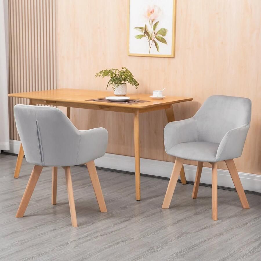 Pugsdrly set van 2 stoelen eetkamerstoelen fluweellook houten poten 54 cm x 57 cm x 80 cm grijs + naturel