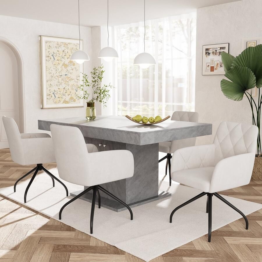 Pugsdrly Set van 4 360° draaibare eetkamerstoelen met ruitpatroon gestoffeerde fauteuil met 4 metalen poten moderne loungestoel woonkamerstoel voor slaapkamer werkkamer lendensteun fluweel beige