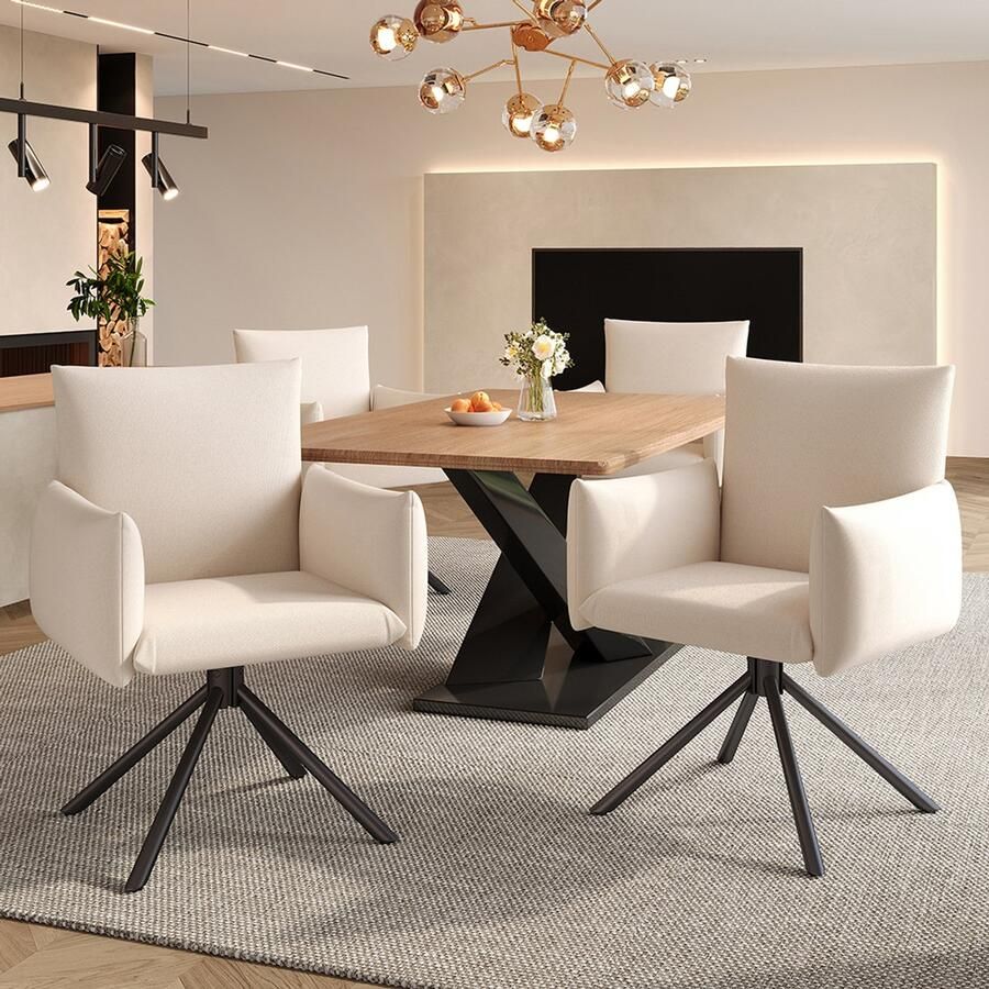 Pugsdrly Set van 4 eetkamerstoelen gestoffeerde fauteuil met 4 metalen poten 360° draaibare stoel voor in de woonkamer slaapkamer of kantoor lendensteun linnen beige4