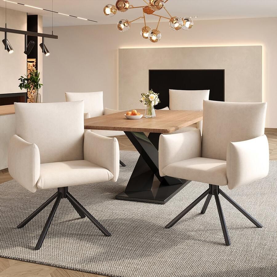 Pugsdrly Set van 4 eetkamerstoelen gestoffeerde stoel met 4 metalen poten 360° draaibare stoel salon- of slaapkamerstoel bureaustoel lendensteun fluweel beige