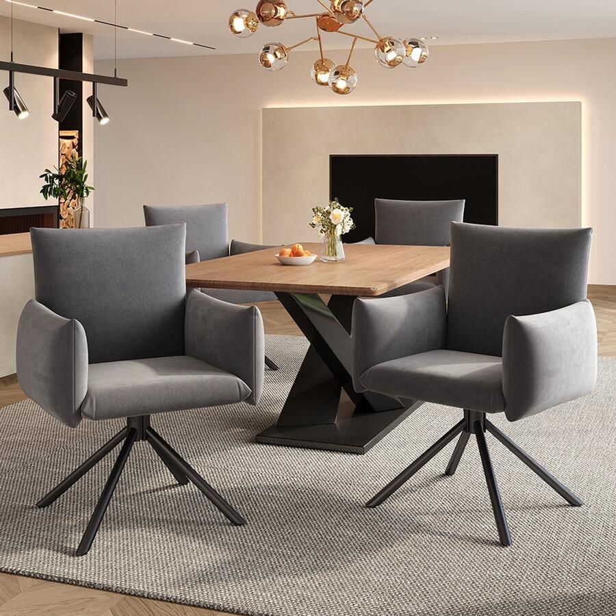 Pugsdrly Set van 4 eetkamerstoelen gestoffeerde stoel met 4 metalen poten 360° draaibare stoel voor in de woonkamer slaapkamer of kantoor lendensteun fluweel grijs