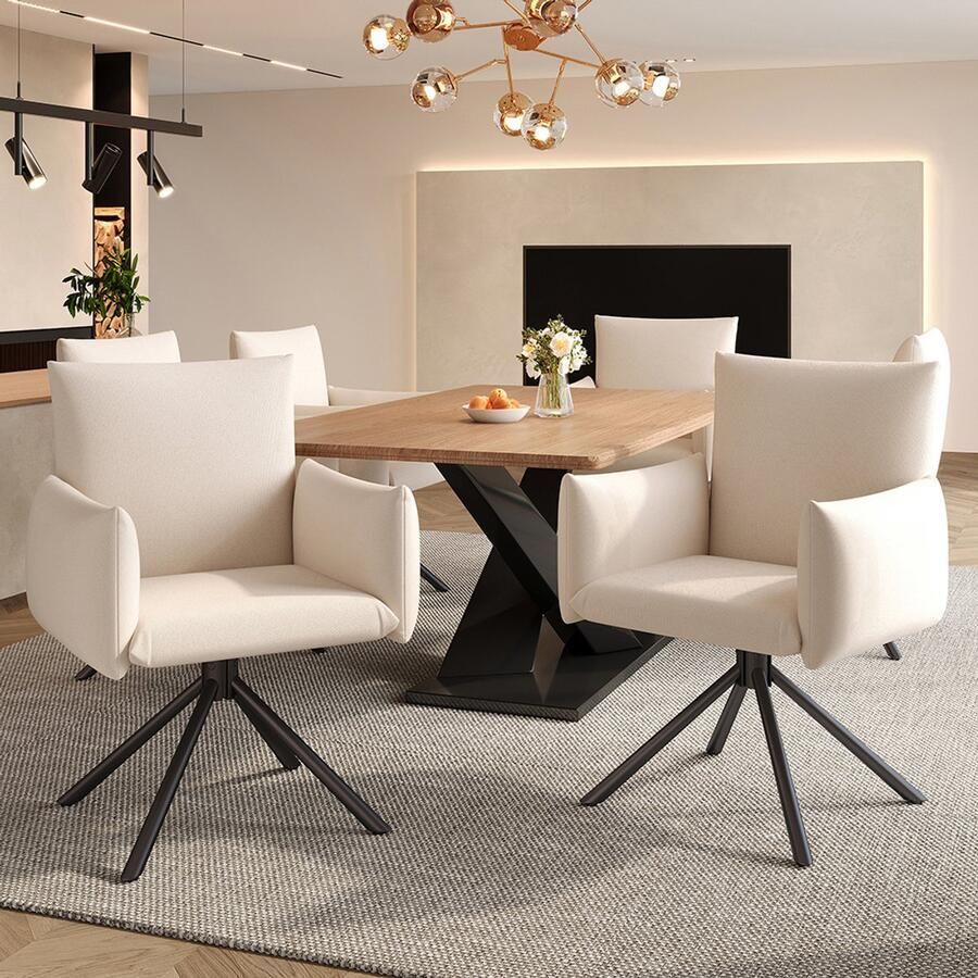 Pugsdrly Set van 6 eetkamerstoelen gestoffeerde fauteuil met 4 metalen poten 360° draaibare stoel voor in de woonkamer slaapkamer of kantoor lendensteun linnen beige