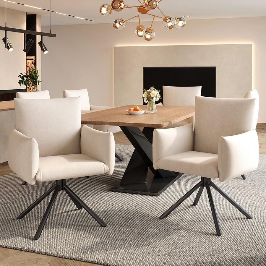 Pugsdrly Set van 6 eetkamerstoelen gestoffeerde stoel met 4 metalen poten 360° draaibare stoel salon- slaapkamer- of bureaustoel lendensteun fluweel beige