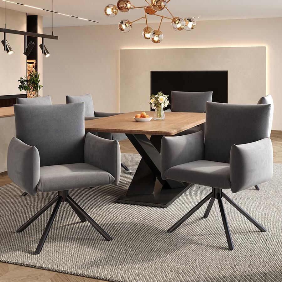 Pugsdrly Set van 6 eetkamerstoelen gestoffeerde stoel met 4 metalen poten 360° draaibare stoel salonstoel slaapkamerstoel bureaustoel lendensteun fluweel grijs