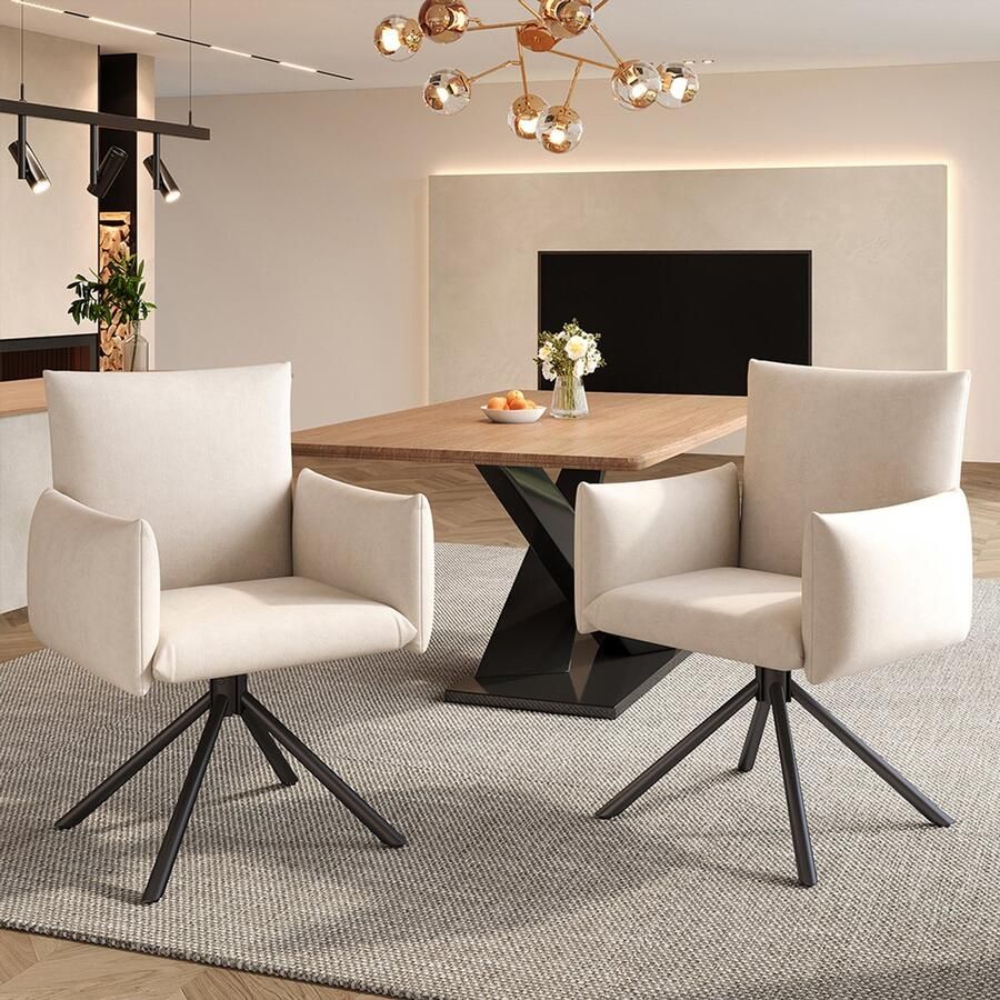 Pugsdrly Set van twee eetkamerstoelen gestoffeerde stoel met 4 metalen poten 360° draaibare stoel salon- of slaapkamerstoel bureaustoel lendensteun fluweel beige